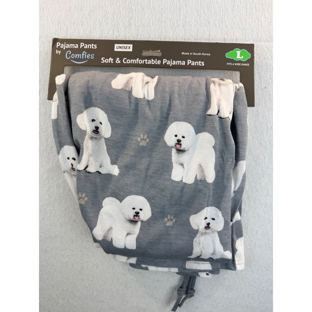 Comfies Unisex Bichon Frise Pajama Pant Gray Dog Print Lounge Bottoms Size L NEW